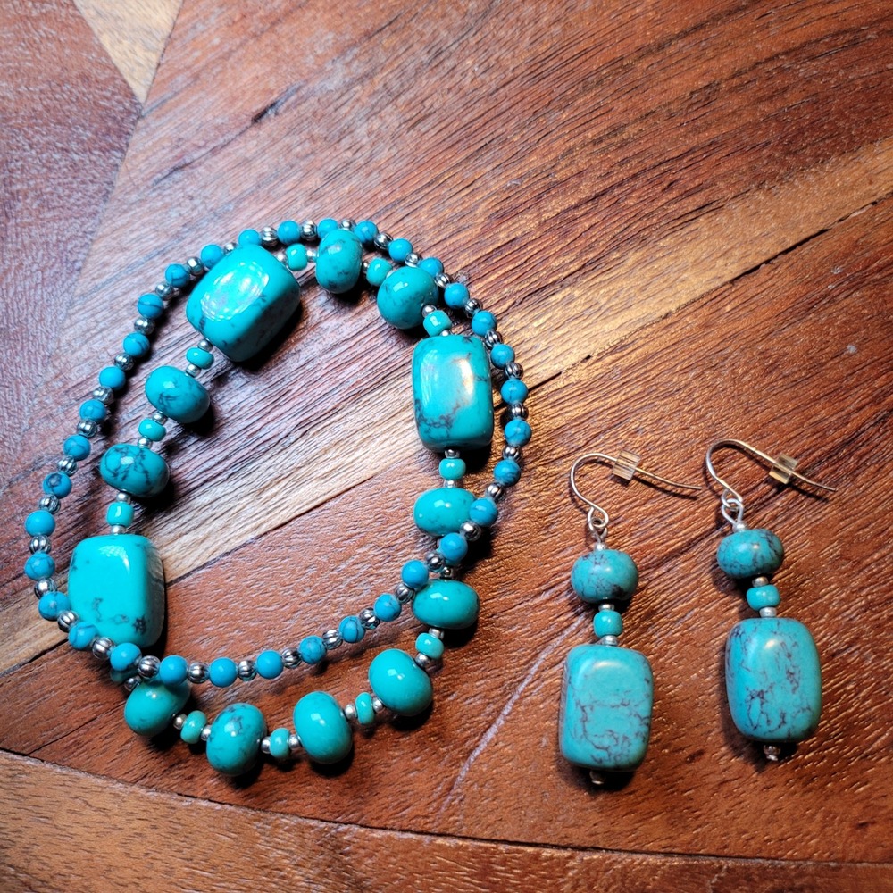 Beaded Bracelet Faux Turquoise with Dangle Earrings Set Womens Jewelry